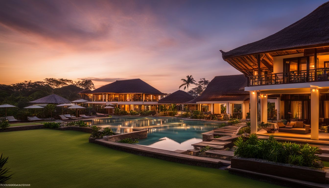 A serene resort at sunset with comfortable rooms and a bustling atmosphere, captured in a stunning photograph.