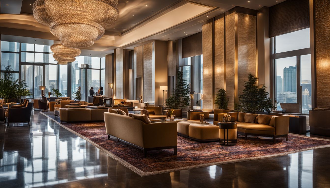 The image depicts a modern hotel lobby with a bustling atmosphere and people of various appearances.