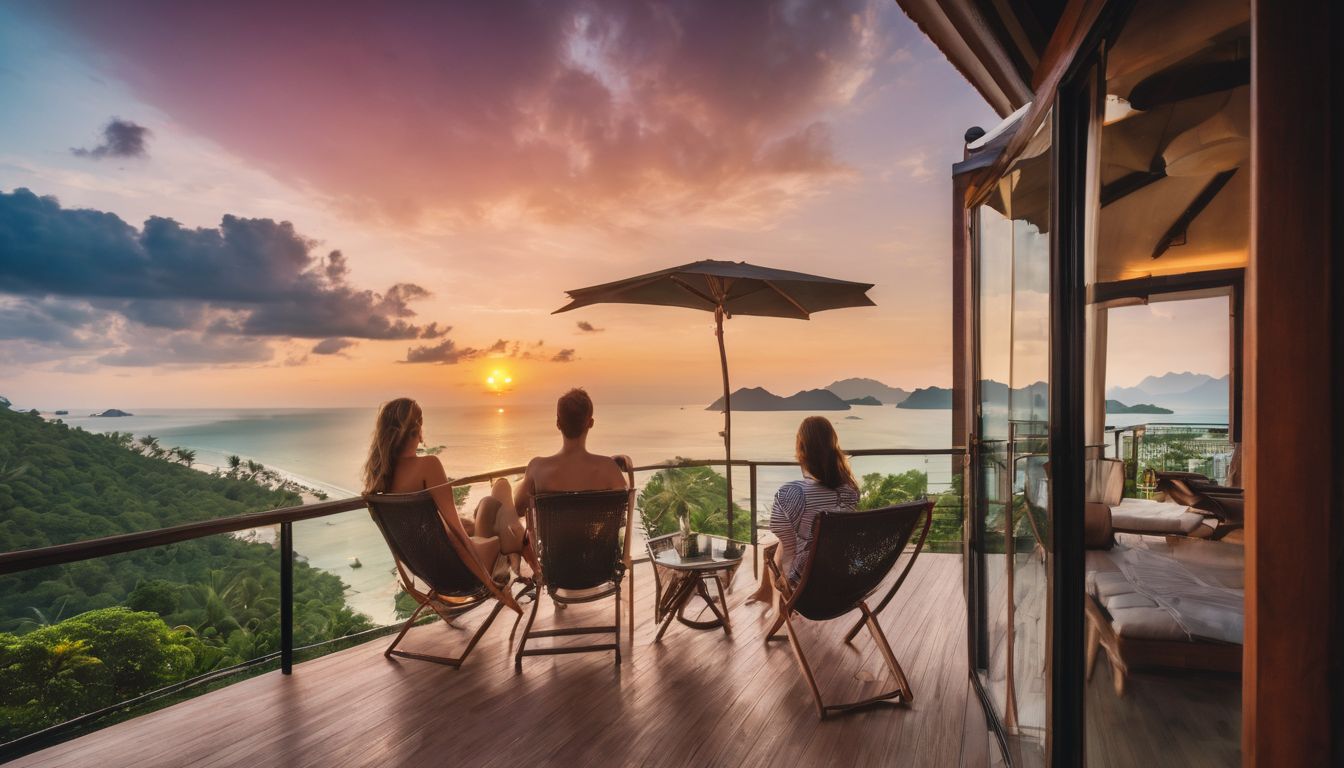 A family enjoys a beautiful sunrise on a private villa balcony overlooking the pristine beaches of Koh Samui.