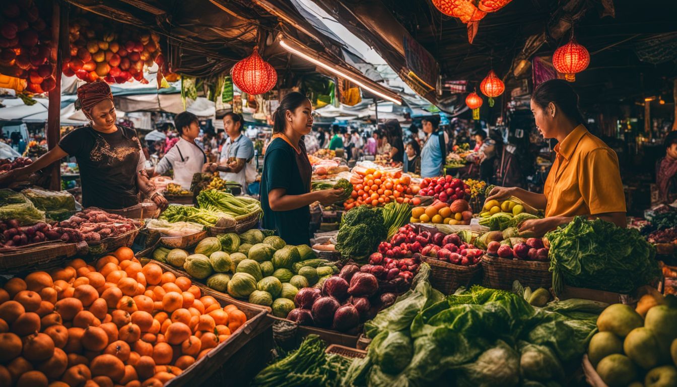 A vibrant market in Bangkok with diverse vendors selling fresh produce and bustling with activity.
