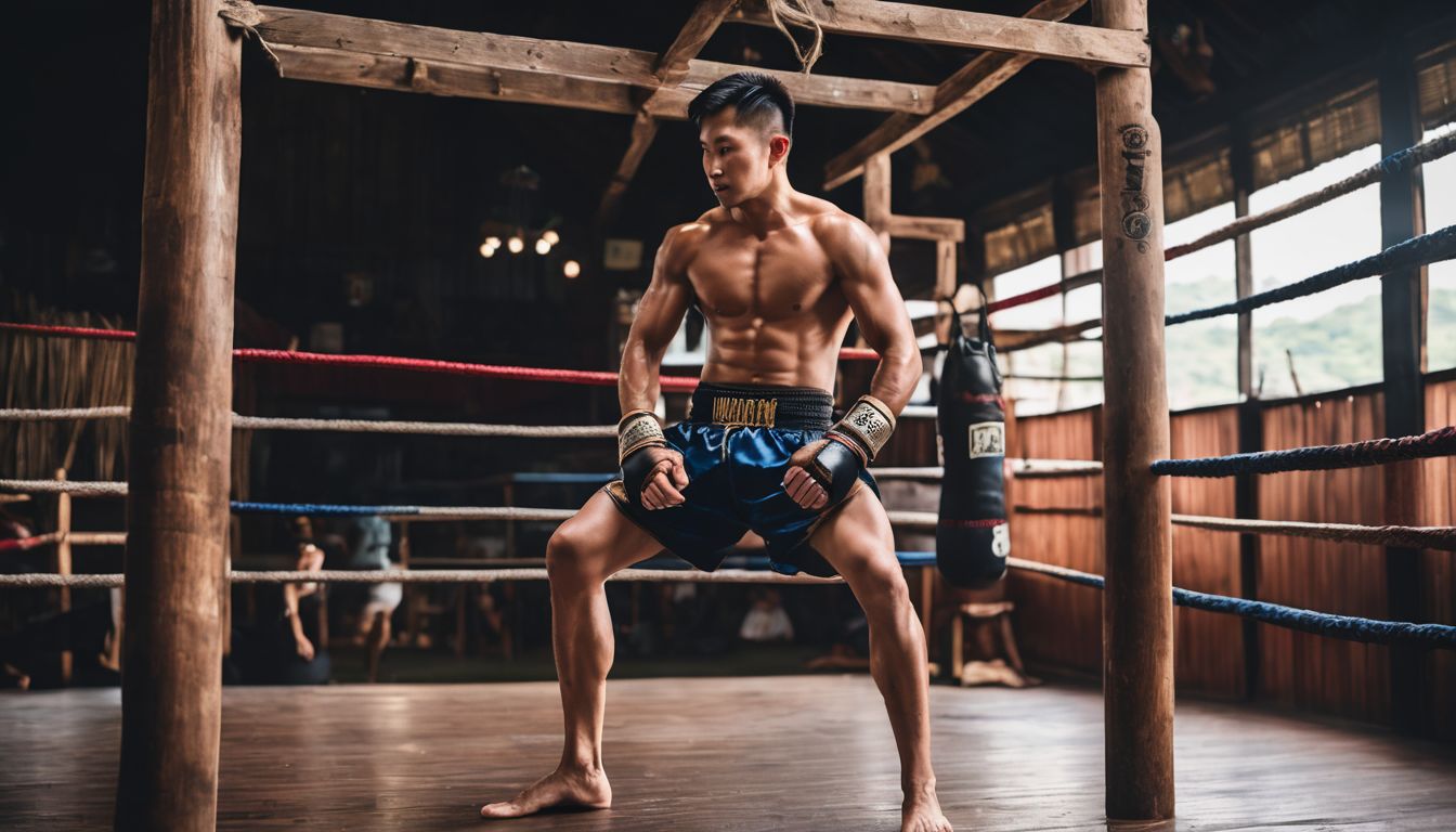 The photo shows a Mongkhon hanging in a traditional Muay Thai gym, capturing the bustling atmosphere and diverse individuals practicing the sport.