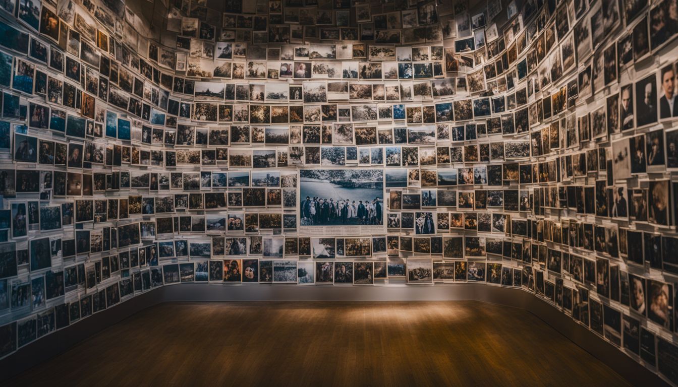 A memorial wall covered in photographs and names captures the somber atmosphere of a bustling documentary photography project.