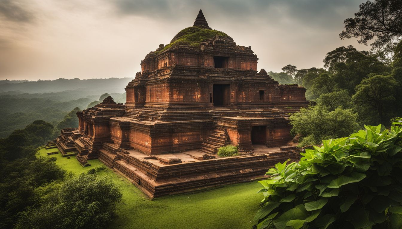 The photo shows the Ruins of the Buddhist Vihara at Paharpur against a backdrop of lush green landscapes.