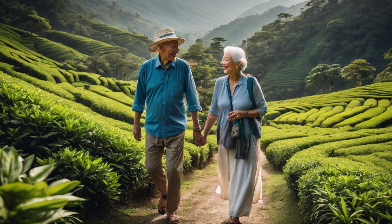 An elderly couple enjoys a peaceful walk through vibrant tea gardens in a bustling atmosphere.