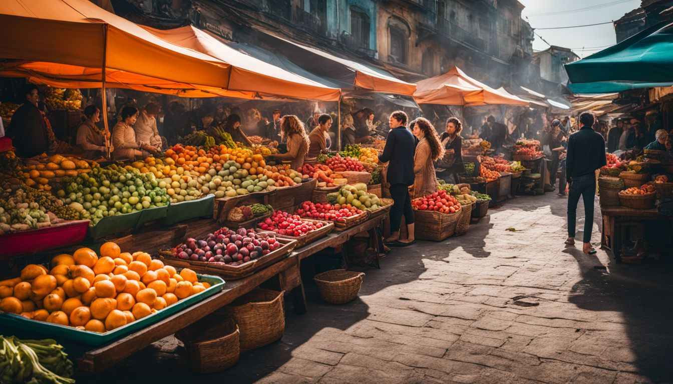 A vibrant street market filled with colorful fruits, vegetables, and local delicacies captured in a vivid and bustling photograph.