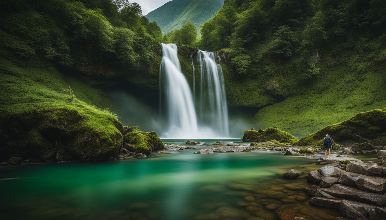 A stunning photo of a peaceful waterfall surrounded by lush green mountains.