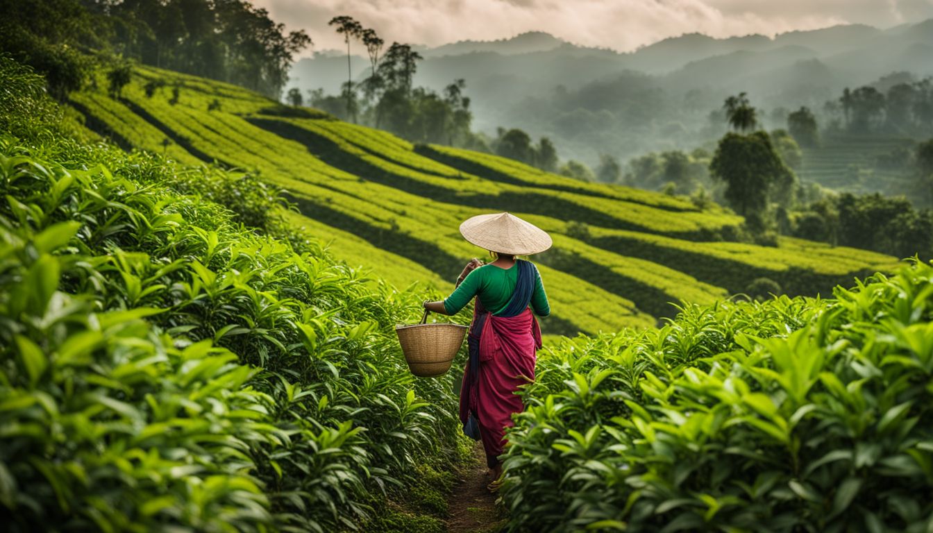 A tea picker walks through a vibrant tea garden in Sreemangal, showcasing different faces, hairstyles, and outfits.