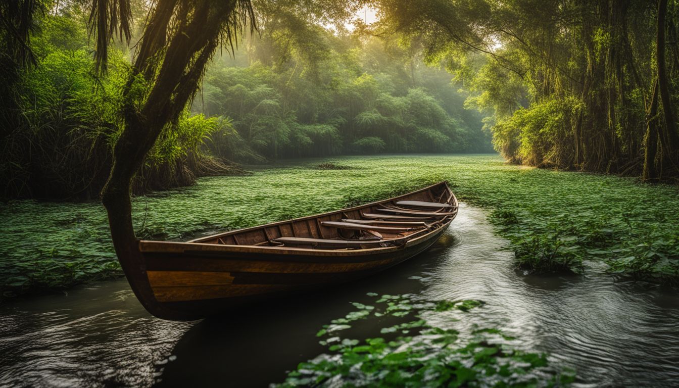 A wooden boat floats through the lush greenery of Ratargul Swamp Forest, capturing the bustling atmosphere and natural beauty.