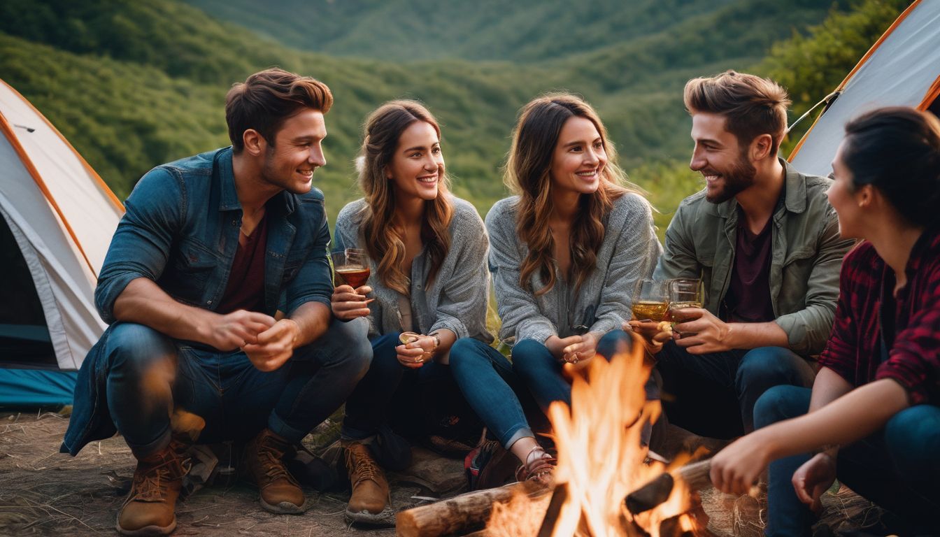 A group of diverse friends enjoying a bonfire and camping in the picturesque Sajek Valley.