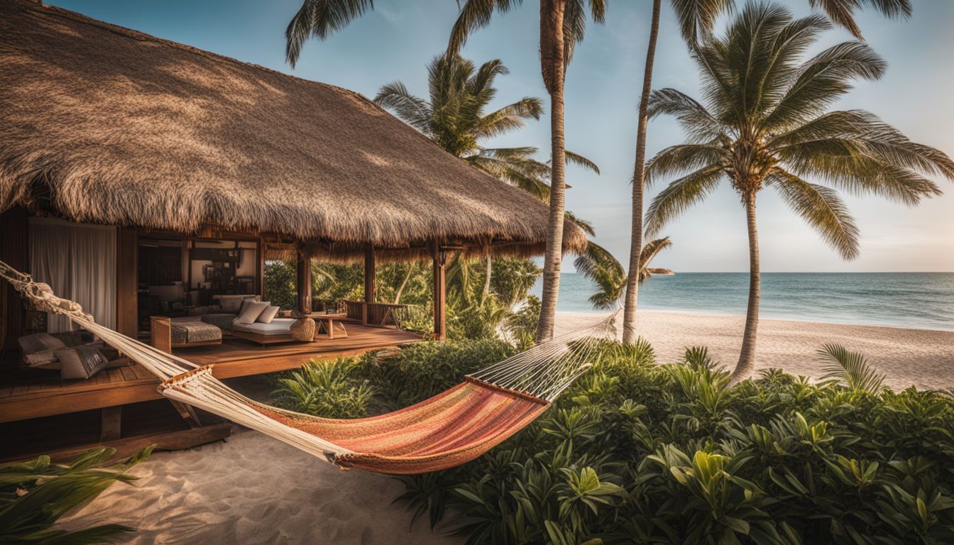 A beachfront villa with a hammock and palm trees, capturing the bustling atmosphere and beauty of the seaside.