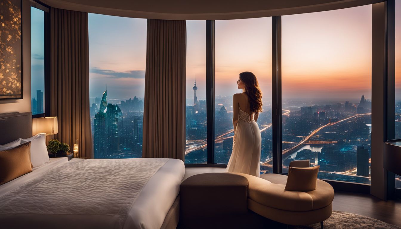 A luxurious hotel room with a stunning city skyline view, featuring diverse faces and outfits.