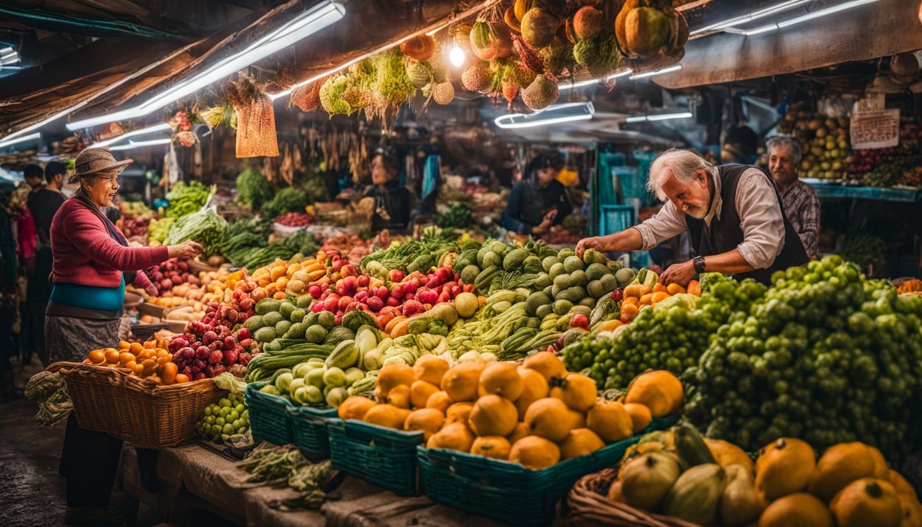 A documentary-style photo capturing the vibrant variety of fruits and vegetables at a local market.