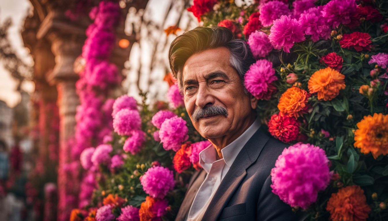 A vibrant photo of Hazrat Shahjalal Mazar at sunset surrounded by colorful flowers and a bustling atmosphere.