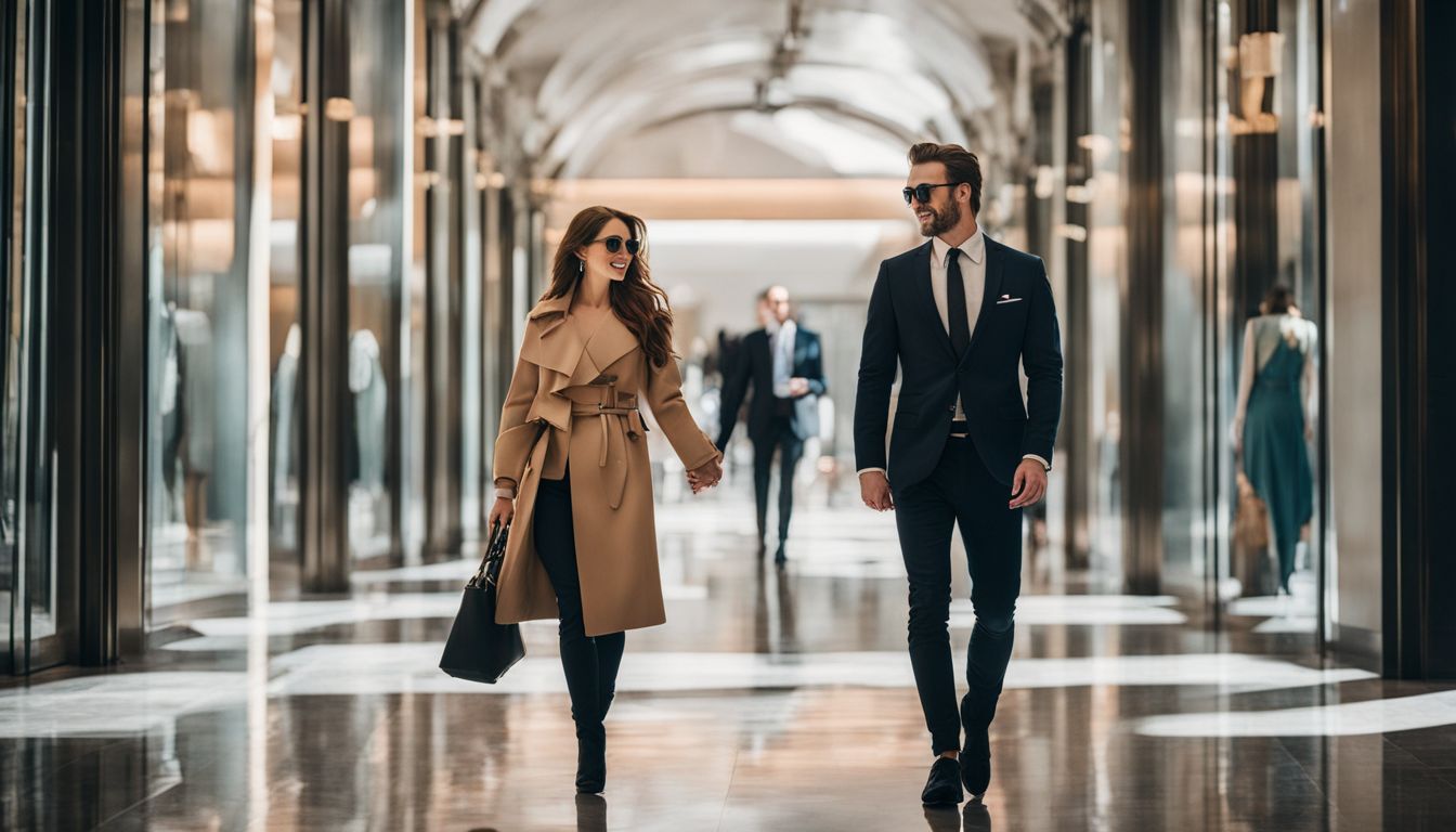 A stylish couple walks hand in hand through the chic corridors of Afmi Plaza.