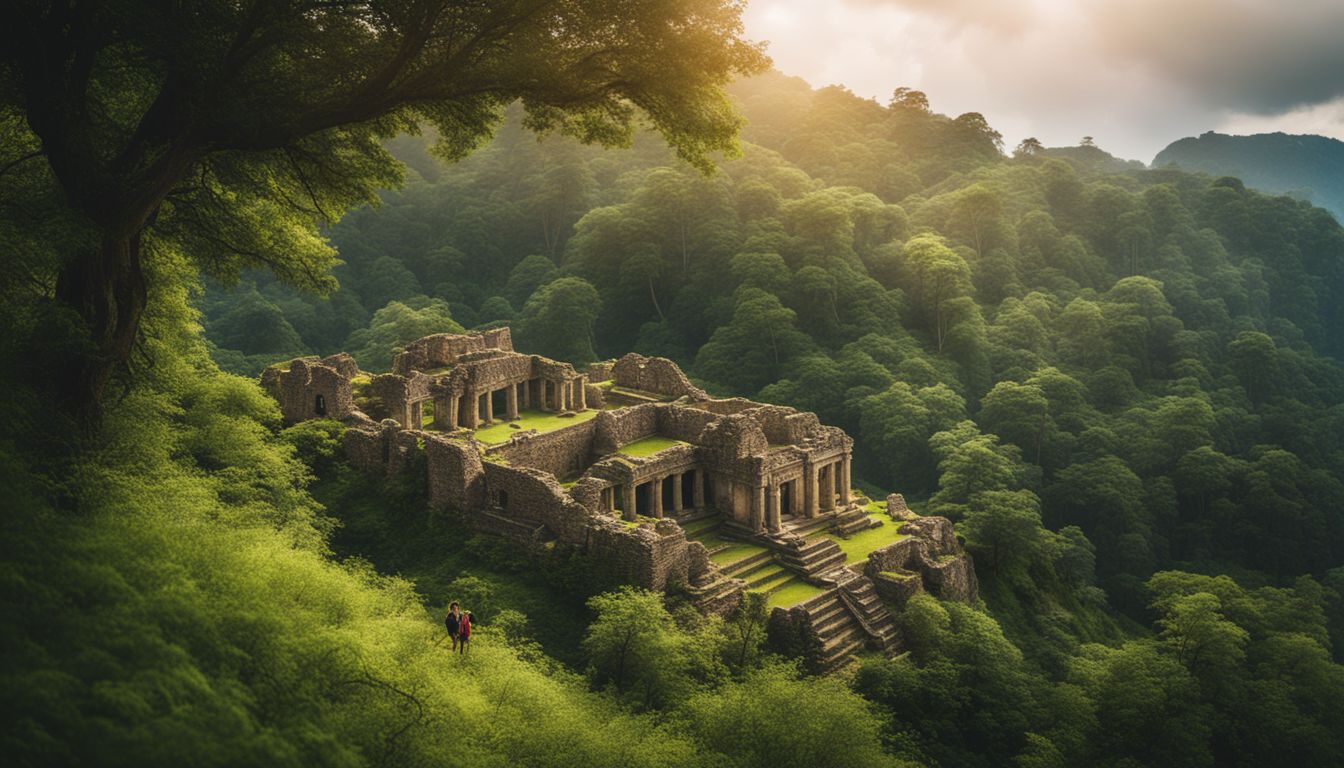 A captivating photo of ancient ruins surrounded by lush greenery, capturing different faces, outfits, and a bustling atmosphere.