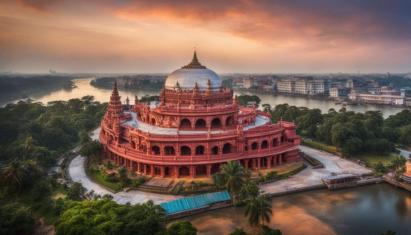 A panoramic shot of the Jatiya Sangsad Bhaban's unique architecture, showcasing a harmonious blend of modernity and tradition in a bustling atmosphere.