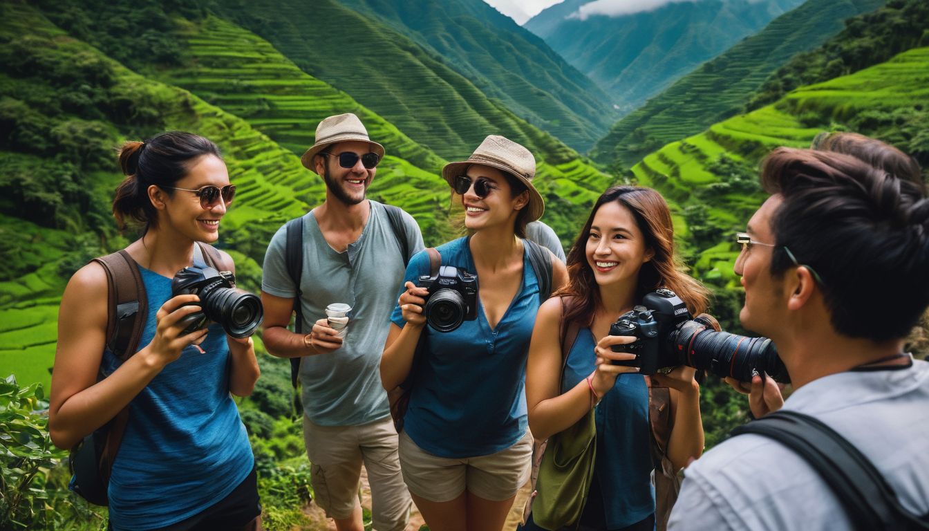 A group of diverse tourists enjoying the scenic beauty of Sajek Valley surrounded by lush greenery.