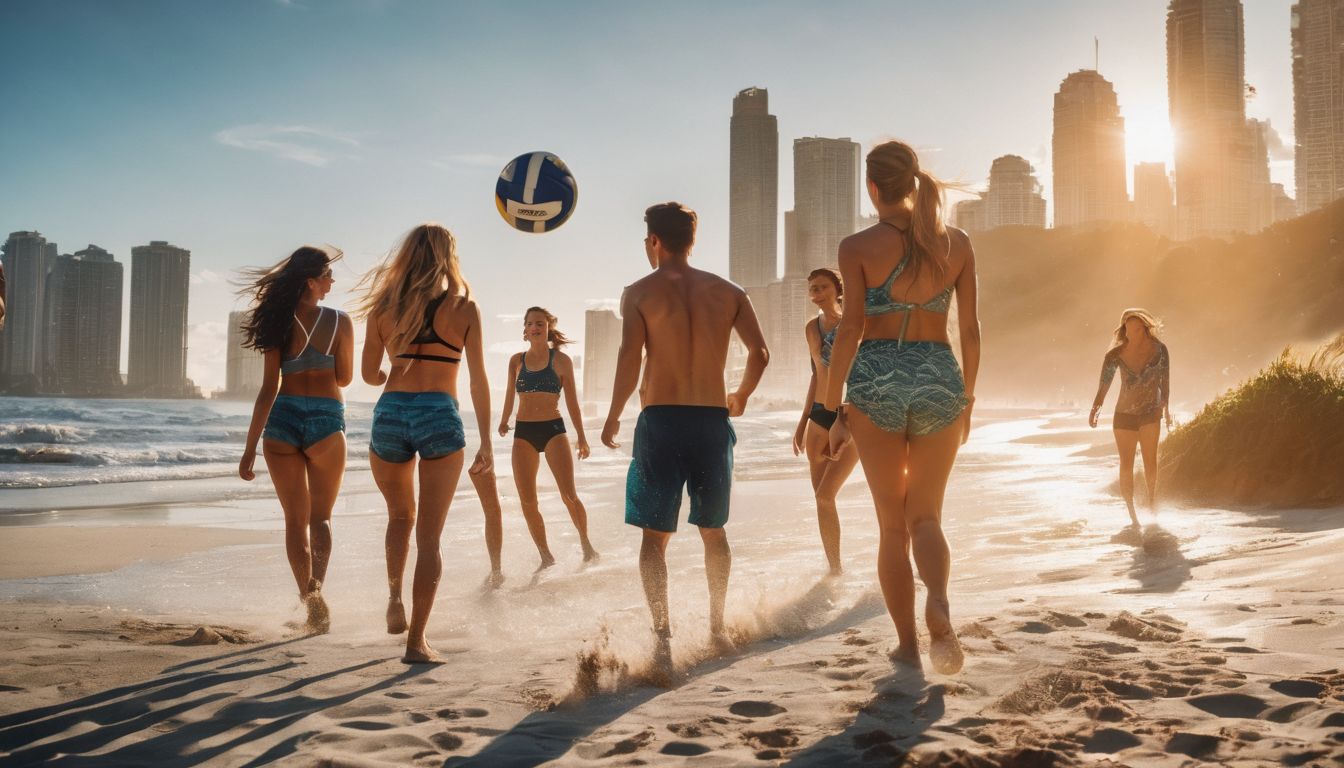 A diverse group of friends enjoy a day playing volleyball at Kuakata beach.