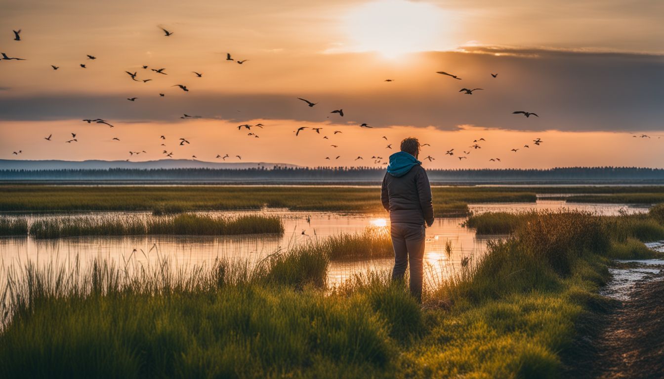 An ornithologist observes a flock of colorful birds in a bustling wetland, capturing the scene with a high-quality camera.