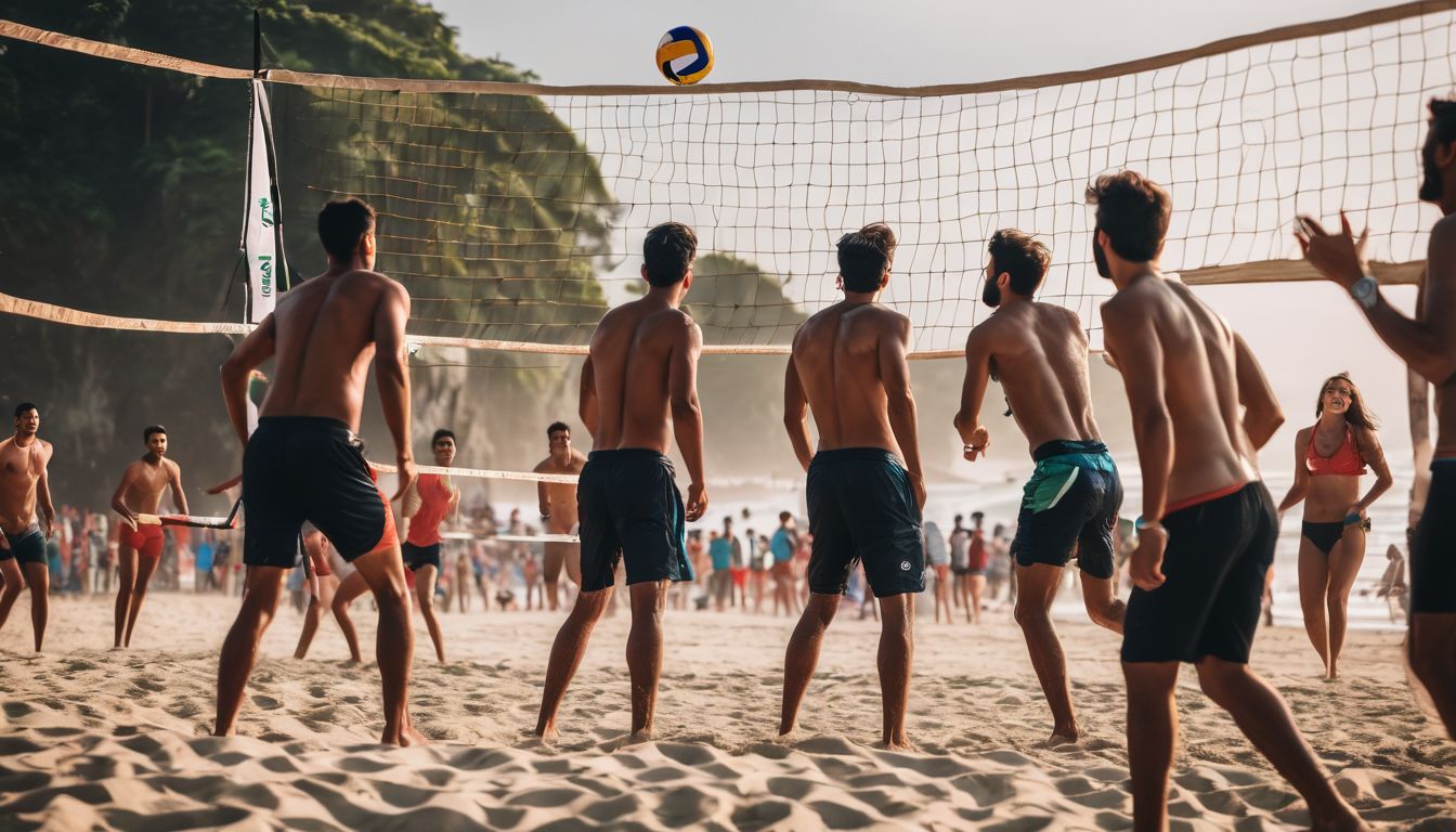 A diverse group of friends play beach volleyball at Cox's Bazar, capturing the vibrant, bustling atmosphere of the scene.