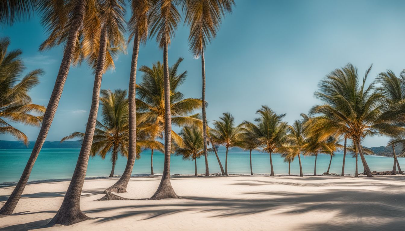 A picturesque beach scene with palm trees, clear blue water, and a lively atmosphere.