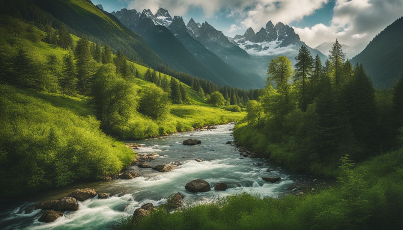 A captivating landscape photograph featuring a lush green scene with a river and mountains in the background.