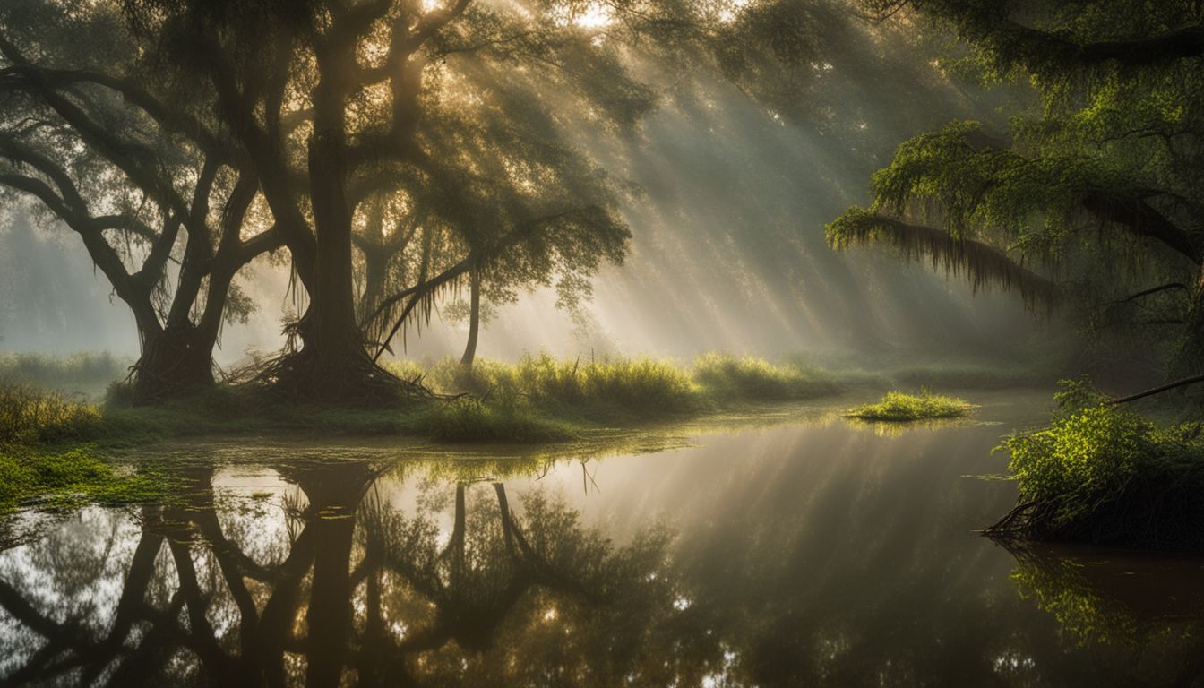 A beautiful photograph capturing the serene and misty Ratargul Swamp Forest with reflections in the water.