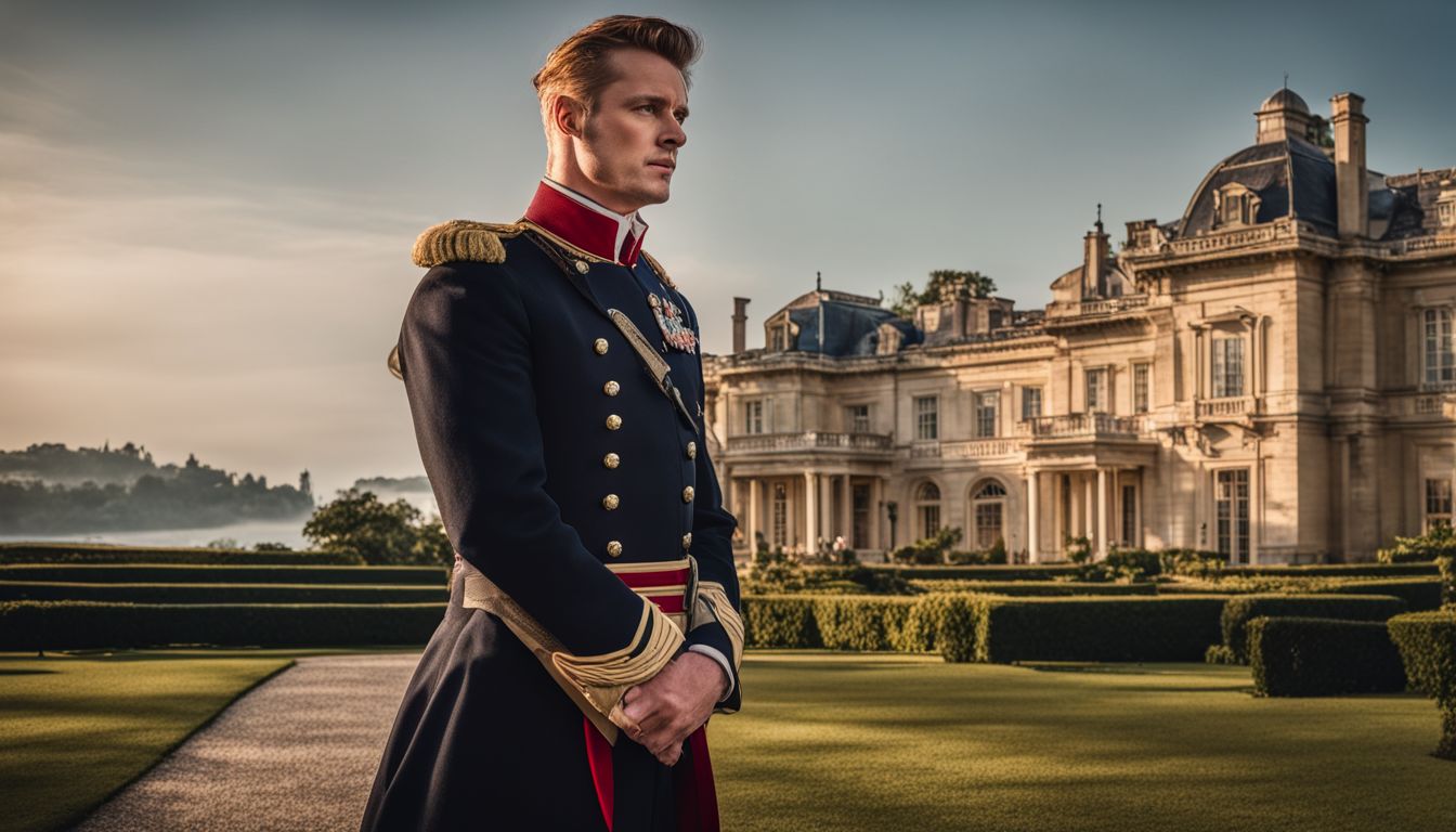 A British officer stands in front of a grand mansion in a bustling cityscape.