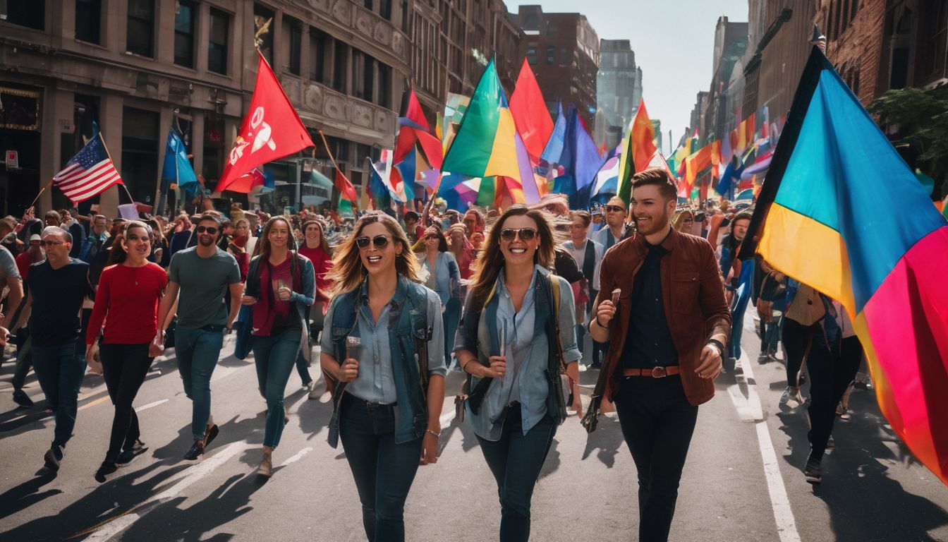 A diverse group of people march in a colorful parade through the city streets.