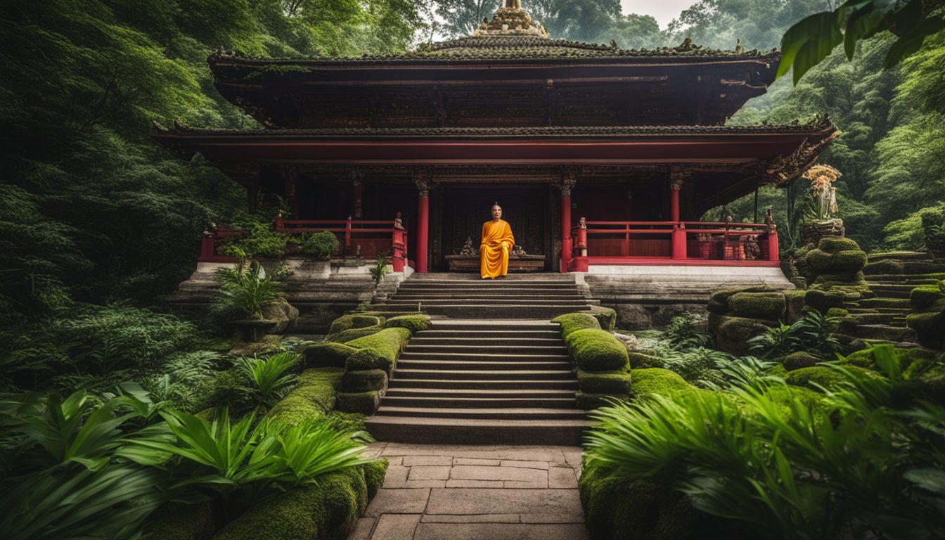 A stunning photograph of a serene Buddhist temple surrounded by lush greenery.