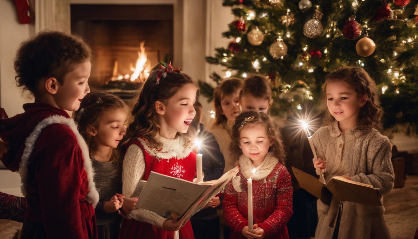 A diverse group of children caroling in front of a beautifully decorated Christmas tree.