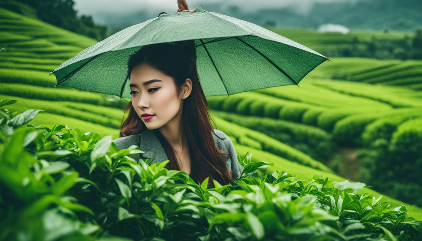 A vibrant photo of lush green tea fields in the rain, with a diverse group of people and varied styles.