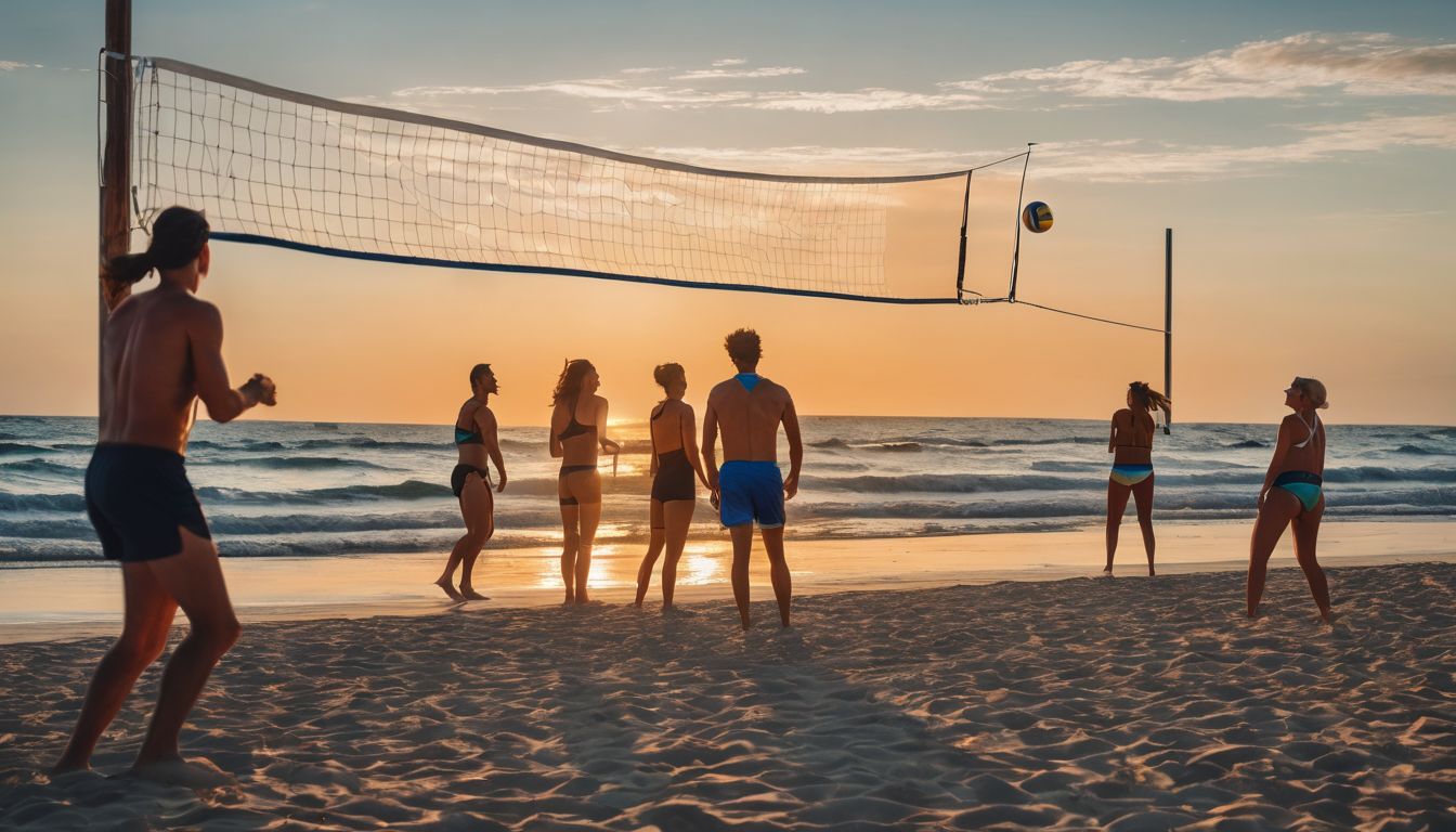 A diverse group of friends enjoy playing beach volleyball together under the clear blue sky.