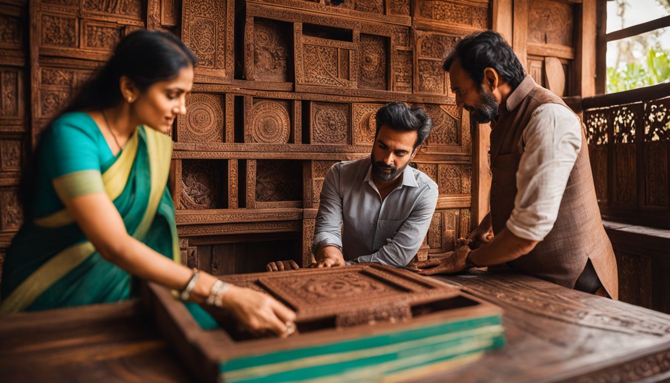 A couple admiring wooden crafts at the Sonargaon Folk Art and Craft Museum.
