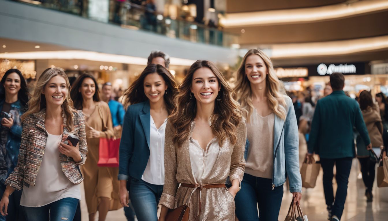 A diverse group of shoppers enjoying their time at a bustling mall.