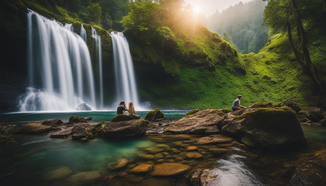 A vibrant waterfall surrounded by lush greenery and diverse individuals, captured in stunning detail.