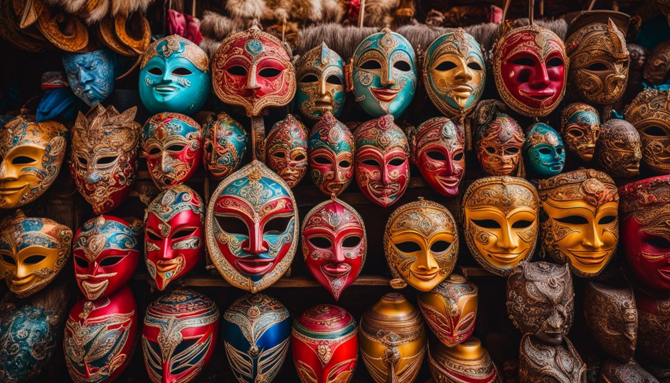 Colorful masks and musical instruments are on display in a vibrant market, creating a bustling atmosphere.
