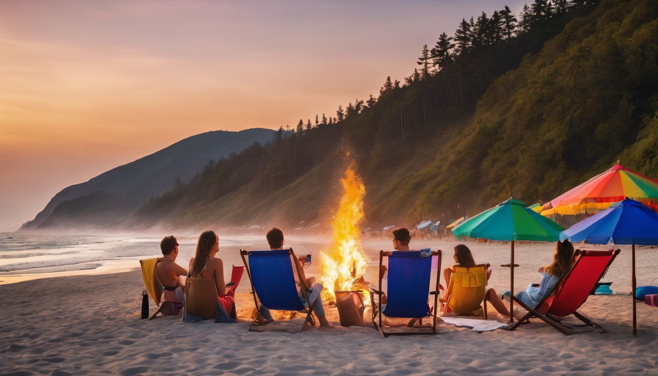 A diverse group of friends gather on the beach around a bonfire, enjoying a vibrant atmosphere and picturesque scenery.