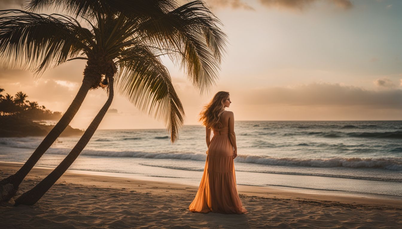 A woman enjoying a beautiful beach surrounded by palm trees in various outfits and poses.