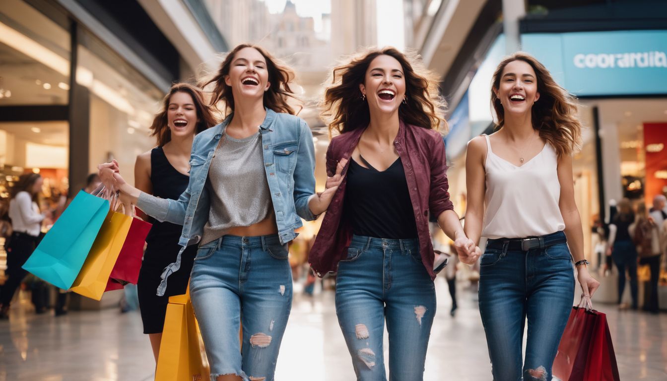 A group of diverse friends enjoy a shopping spree in a busy mall, captured with high-quality photography equipment.