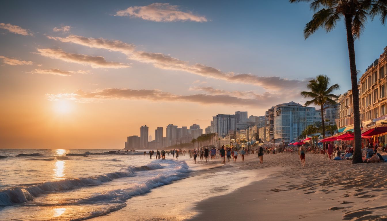 A diverse group of tourists enjoys the sunset on the beach in a bustling atmosphere.