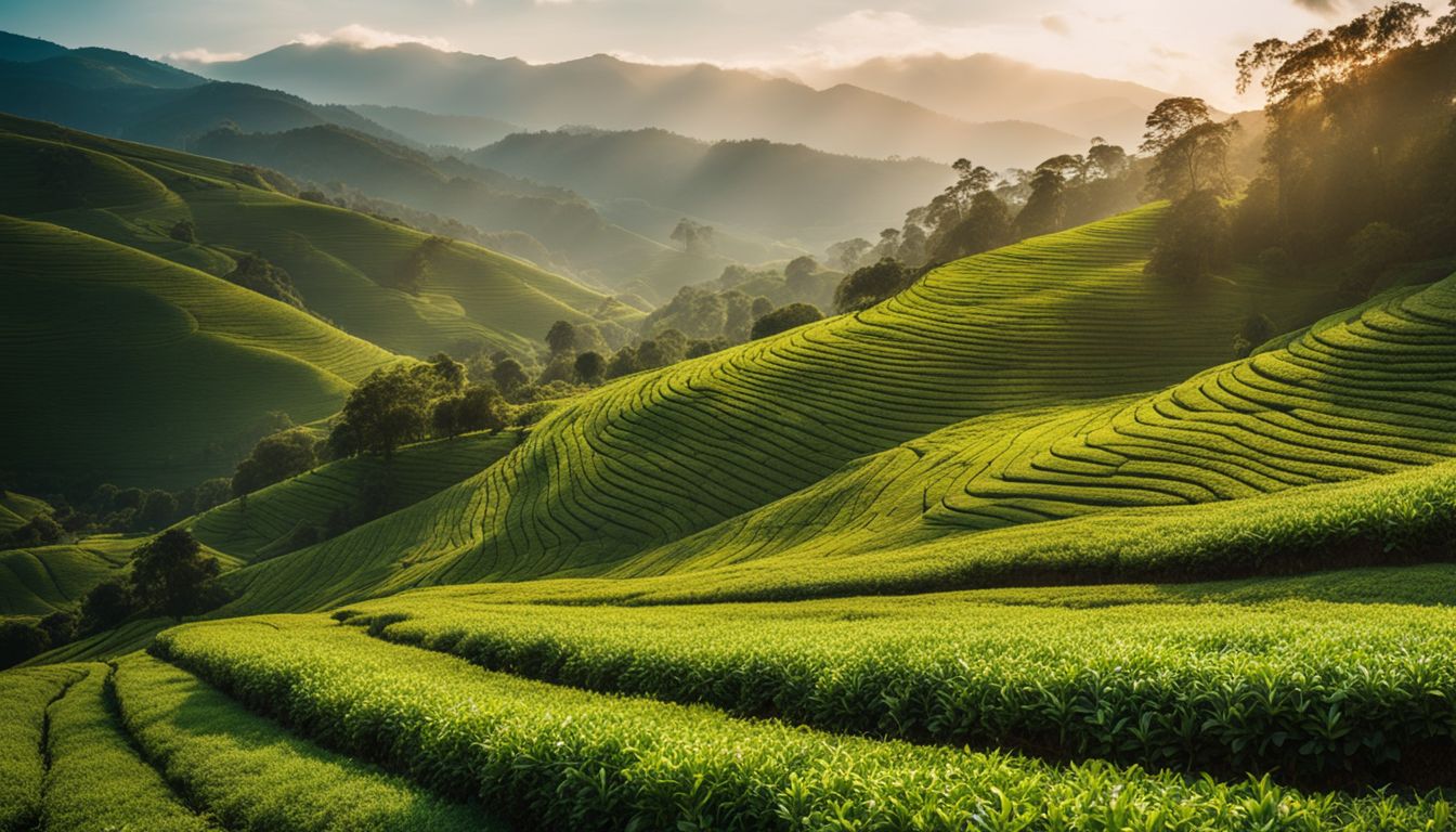 A stunning photo of vibrant tea plantations against rolling hills with a bustling atmosphere.