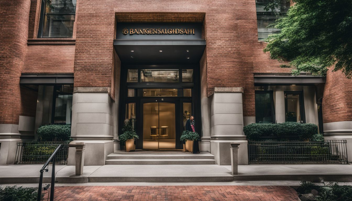 Photo of the front entrance of the Bangladesh Consulate in Washington DC, capturing a bustling atmosphere with diverse people and styles.
