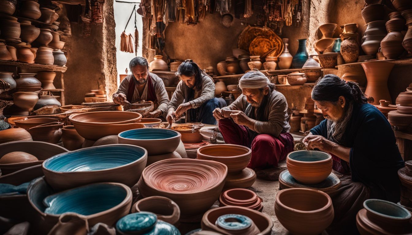 A photo showcasing traditional artisans crafting intricate pottery surrounded by colorful ceramic wares.