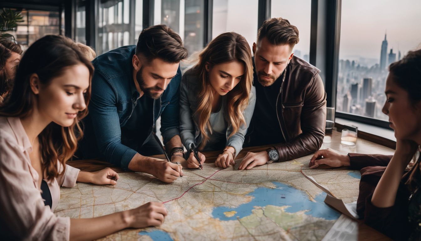 A group of diverse people gather around a map in a bustling cityscape, captured with a high-quality camera.
