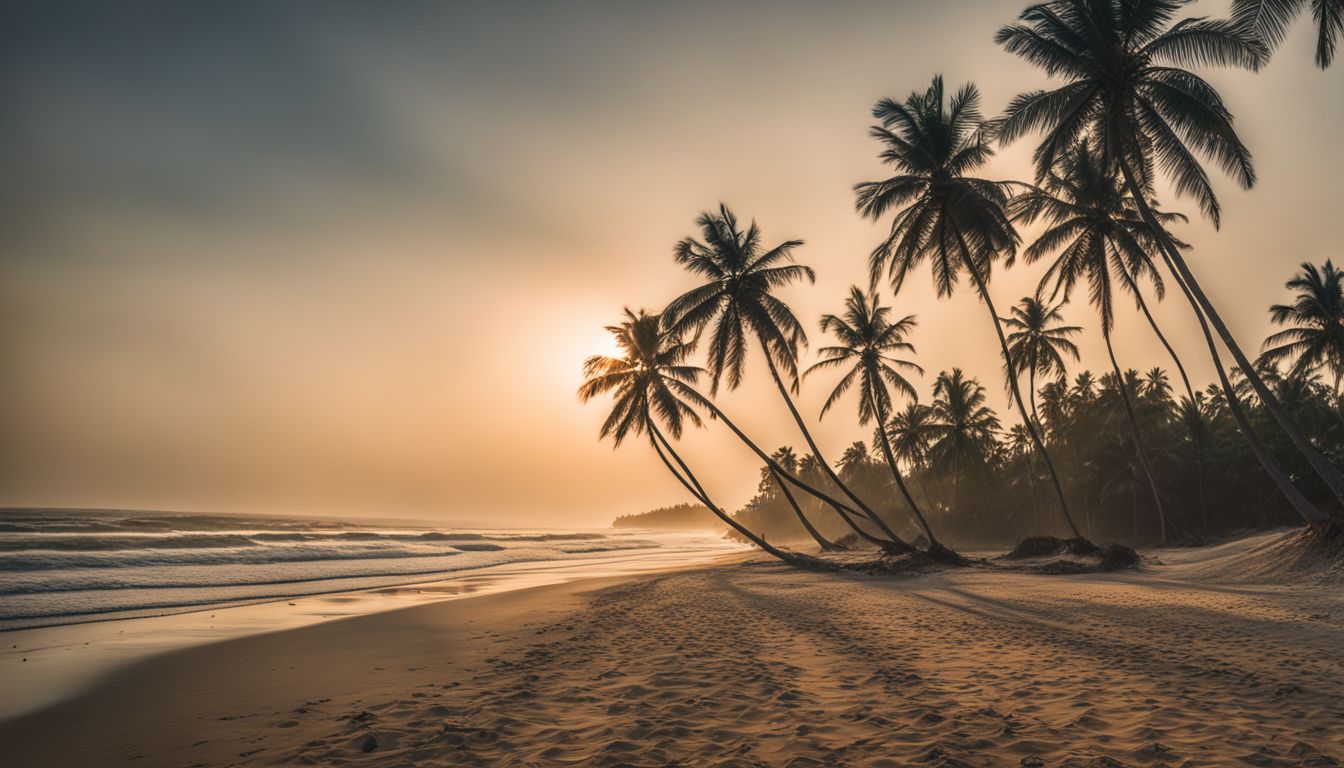 A vibrant beach landscape featuring palm trees and a bustling atmosphere.