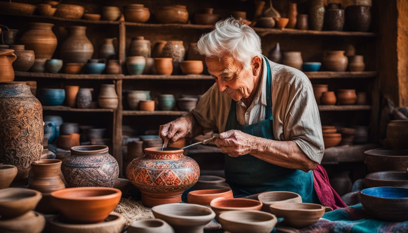 A photograph of an elderly craftsman surrounded by colorful textiles, making intricate pottery.