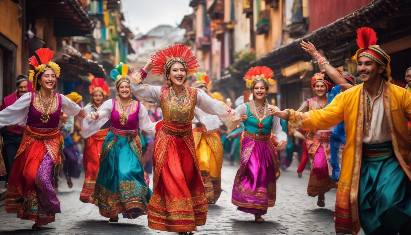 A vibrant group of people dressed in traditional costumes joyfully dance in a crowded street.