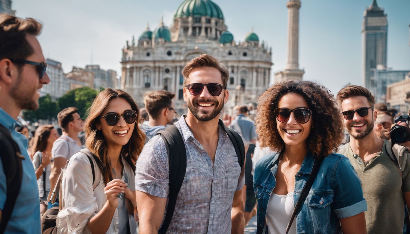 A diverse group of tourists enjoy a city tour, with iconic landmarks in the background.