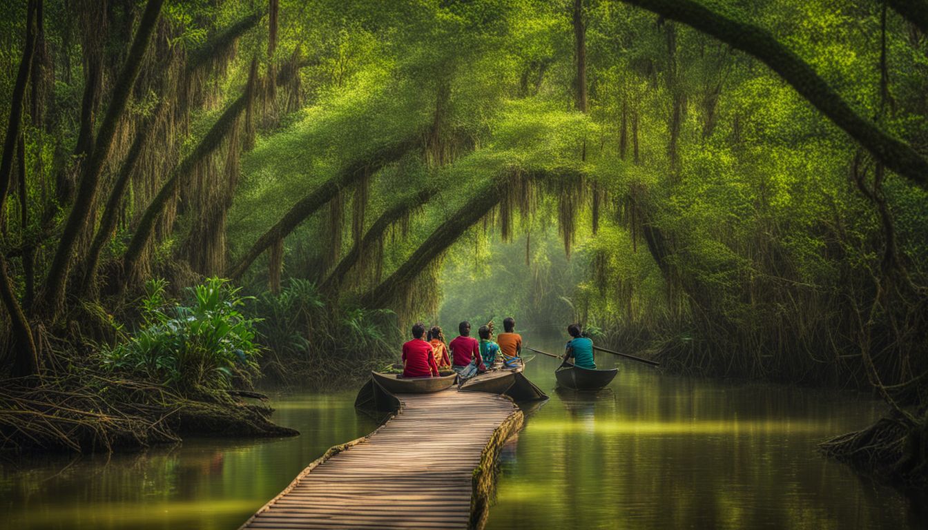 The photo captures the vibrant wildlife and lush green landscape of Ratargul Swamp Forest.